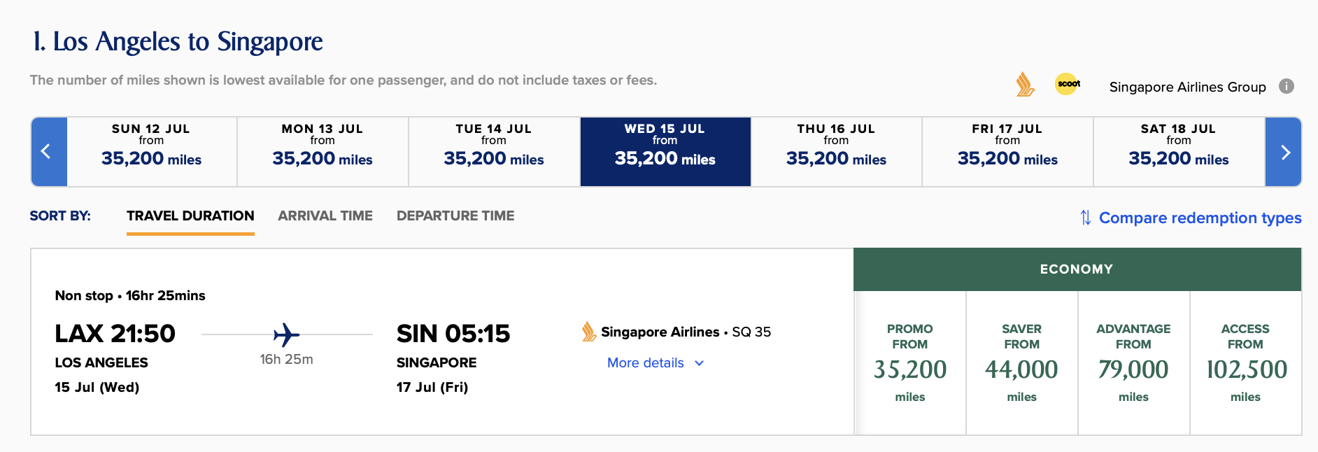 Screenshot of Singapore Airlines award availability