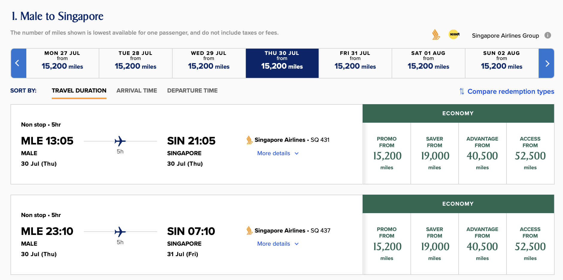 Screenshot of Singapore Airlines award from MLE to SIN.