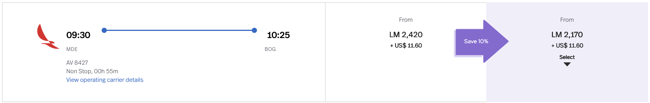 Screenshot of Avianca LifeMiles award redemption