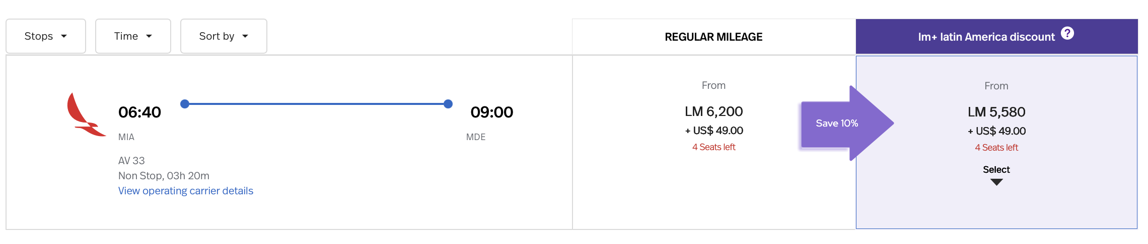 Screenshot of LifeMiles award search results