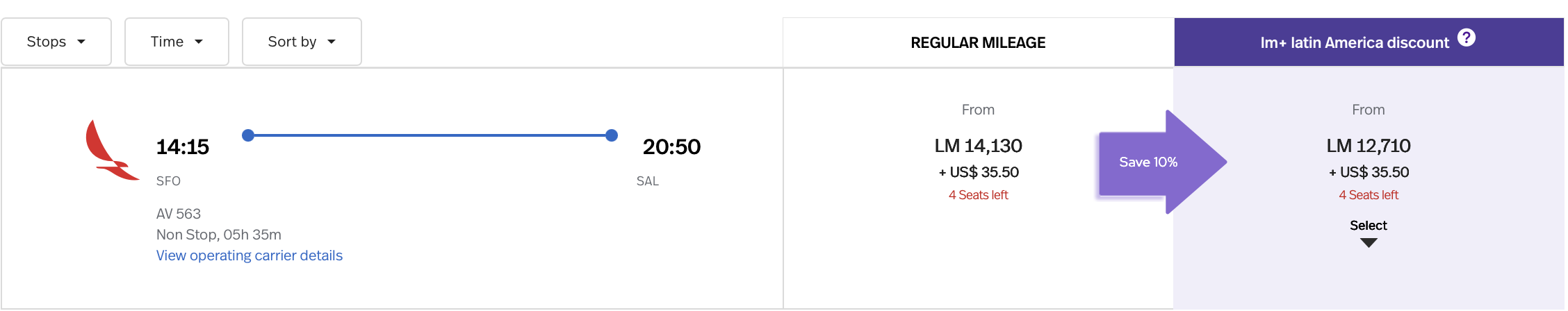 Screenshot of LifeMiles award search results
