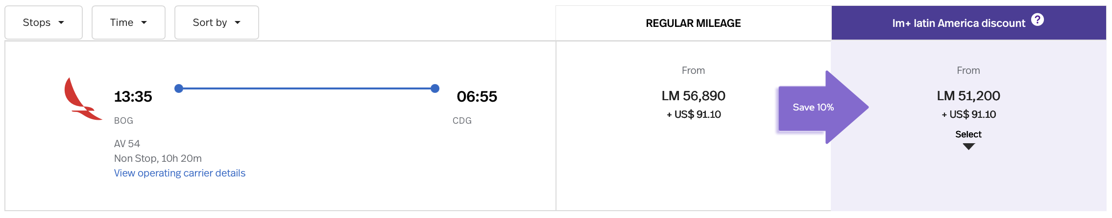 Screenshot of LifeMiles award search results