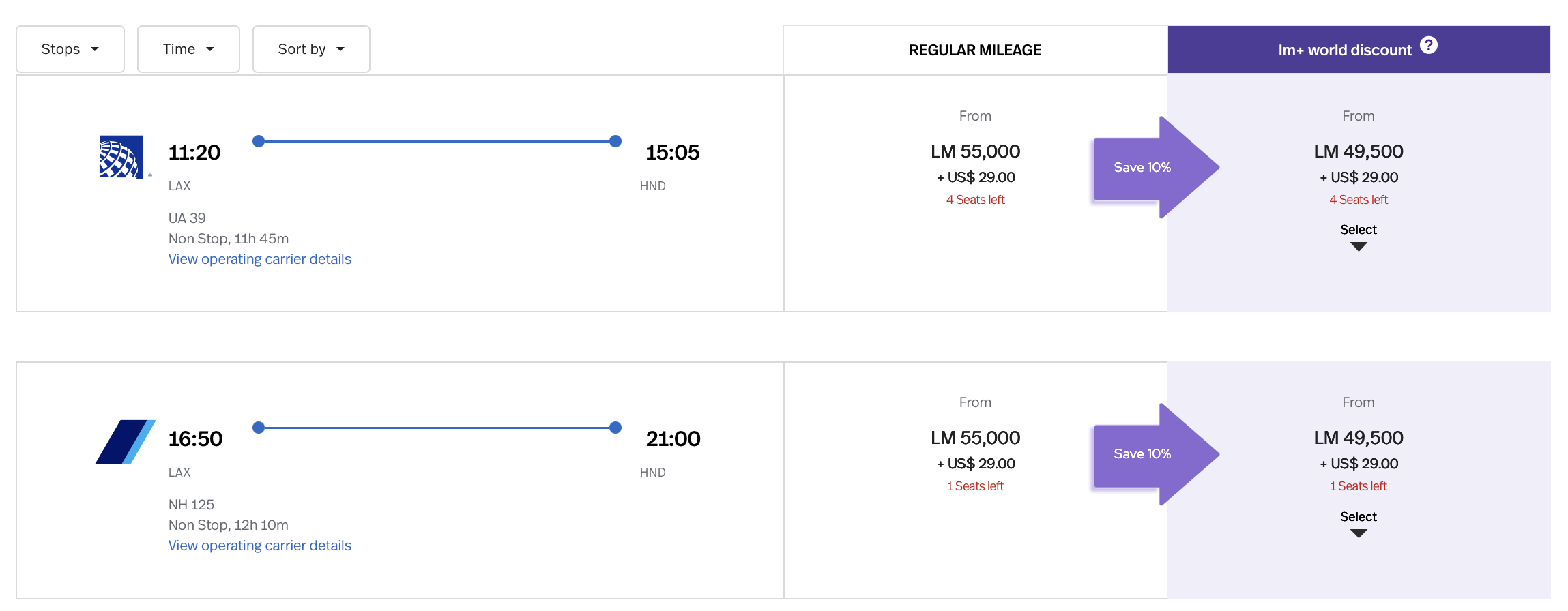 Screenshot of LifeMiles partner award availability
