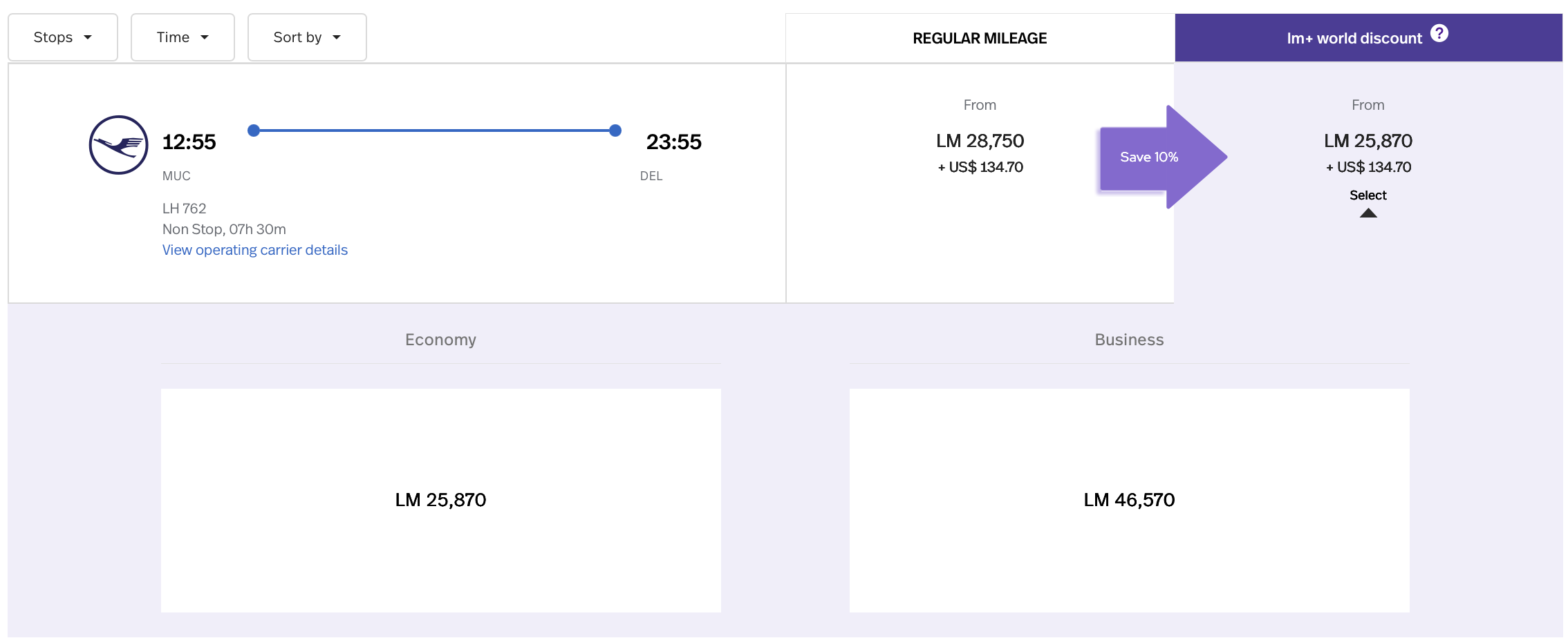 Screenshot of LifeMiles award availability