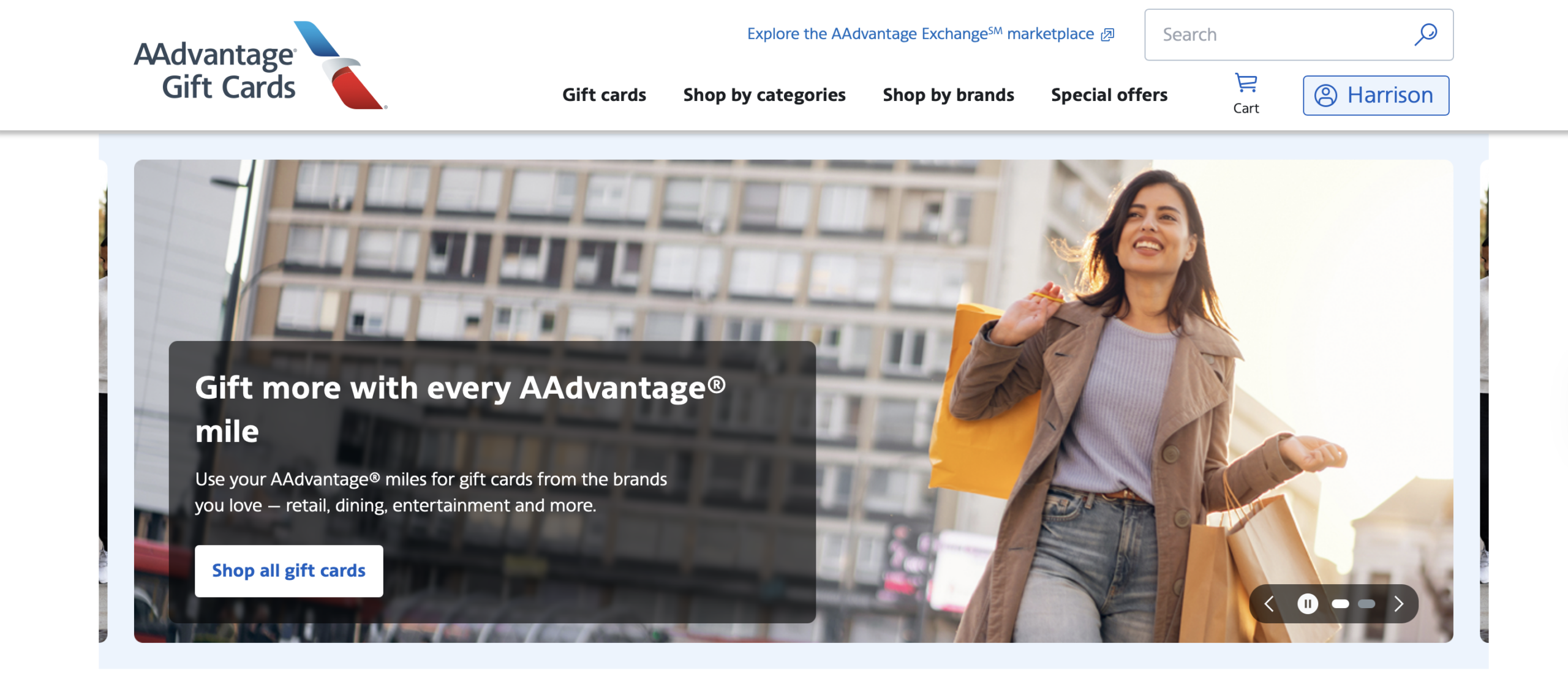 Screenshot of AAdvantage Gift Cards homepage