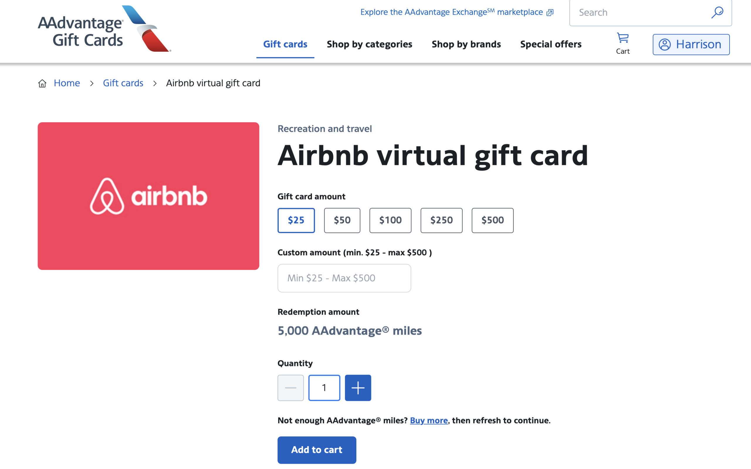 Screenshot of AAdvantage Gift Cards