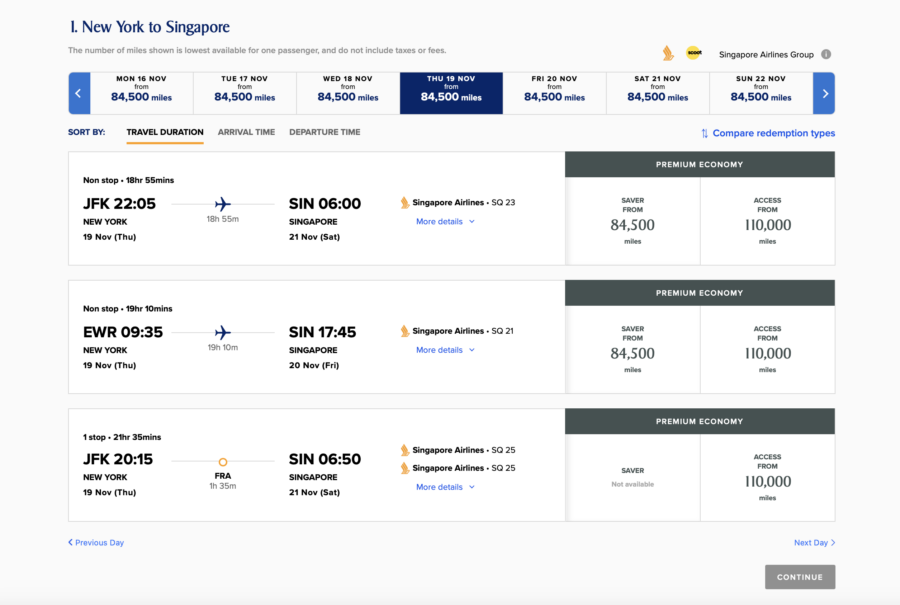 Singapore flight search results