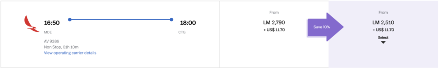 Screenshot of LifeMiles award availability