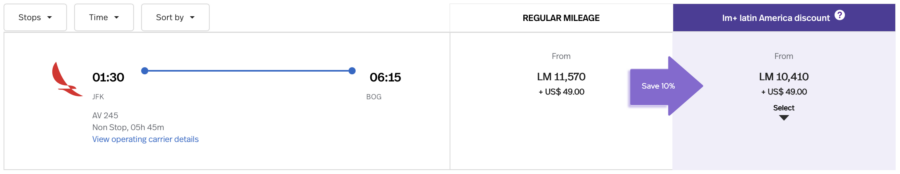 Screenshot of LifeMiles award availability