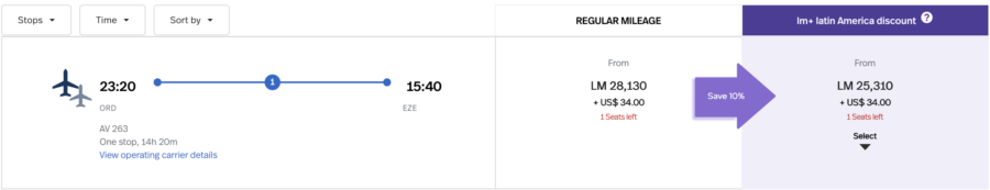 Screenshot of LifeMiles award availability