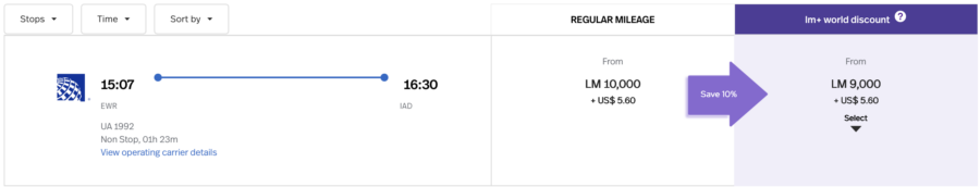 Screenshot of LifeMiles award availability