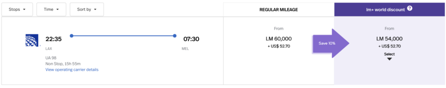 Screenshot of LifeMiles award availability