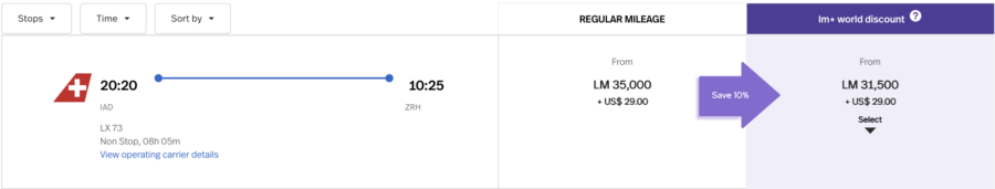 Screenshot of LifeMiles award availability