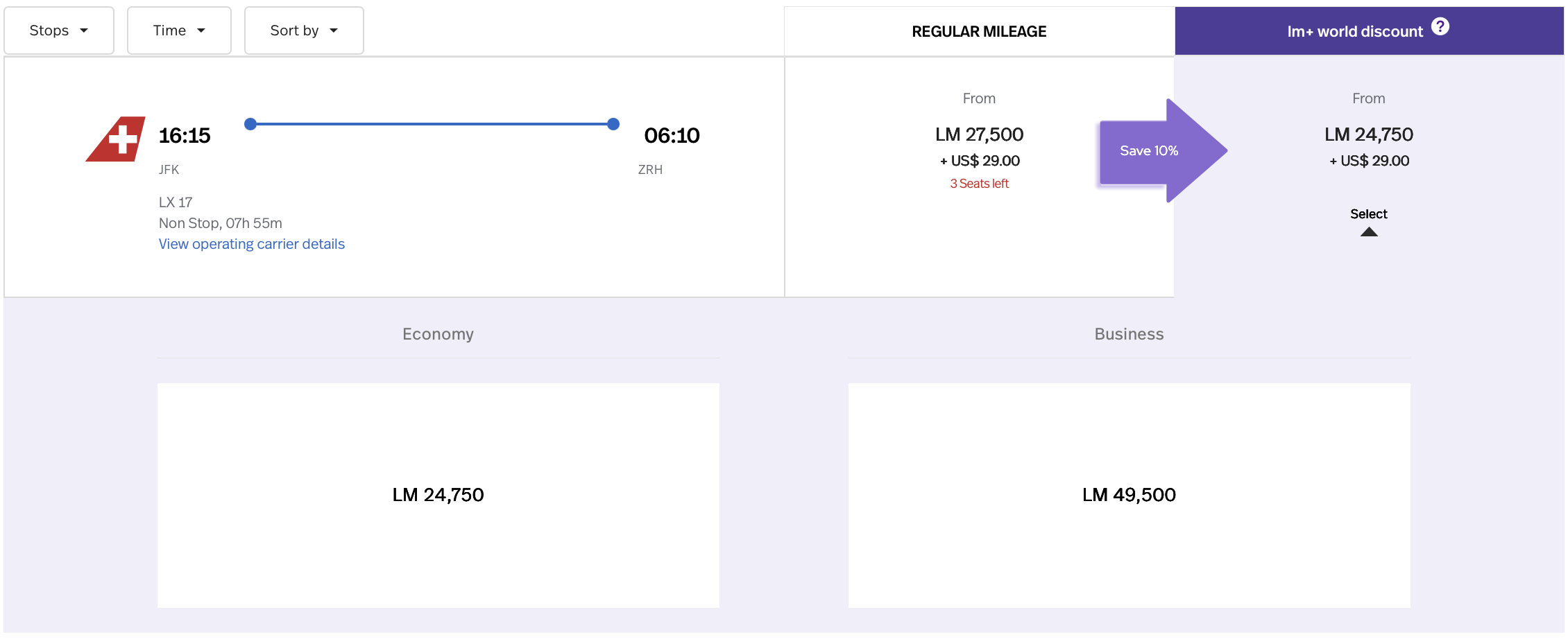 Screenshot of LifeMiles award availability