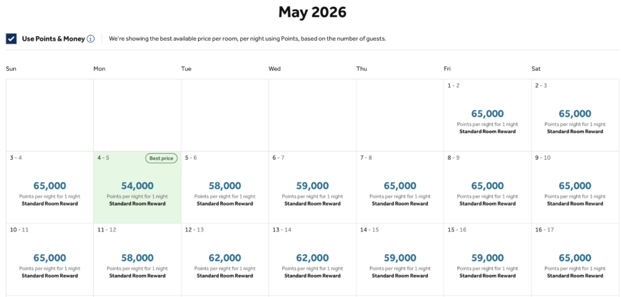 Hilton monthly calendar showing award availability for May 2026