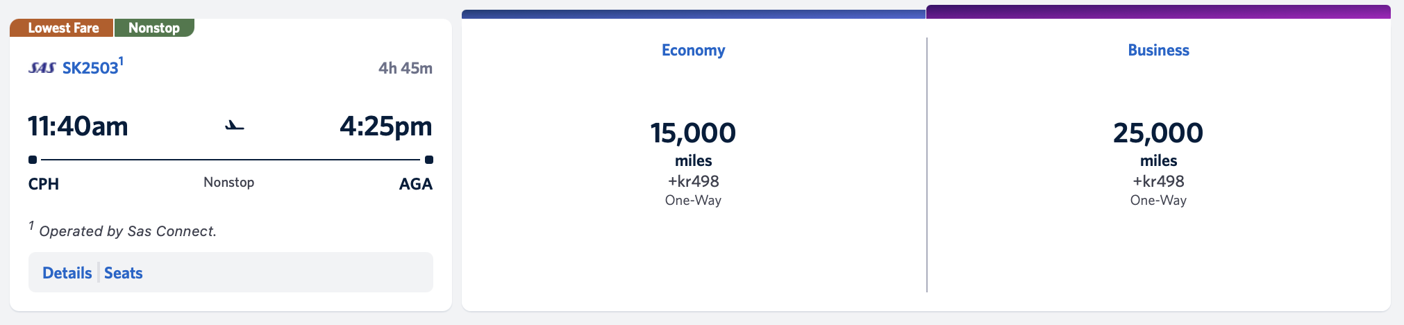 Screenshot of SkyMiles award availability