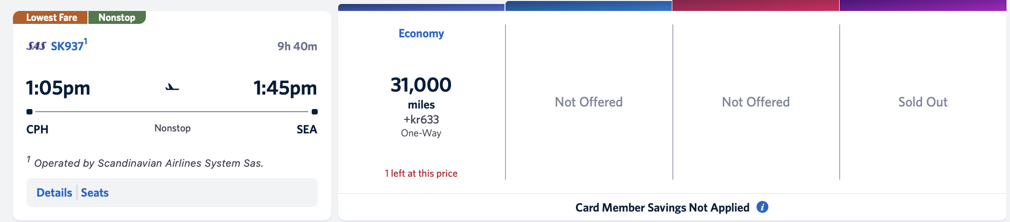 Screenshot of SkyMiles award availability