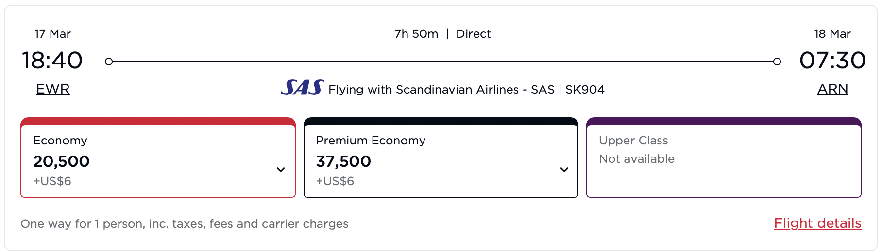Screenshot of Virgin Atlantic award availability
