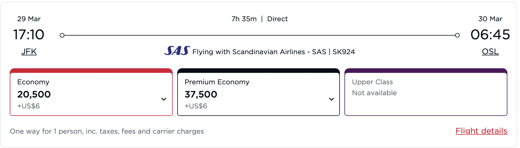 Screenshot of Virgin Atlantic award availability