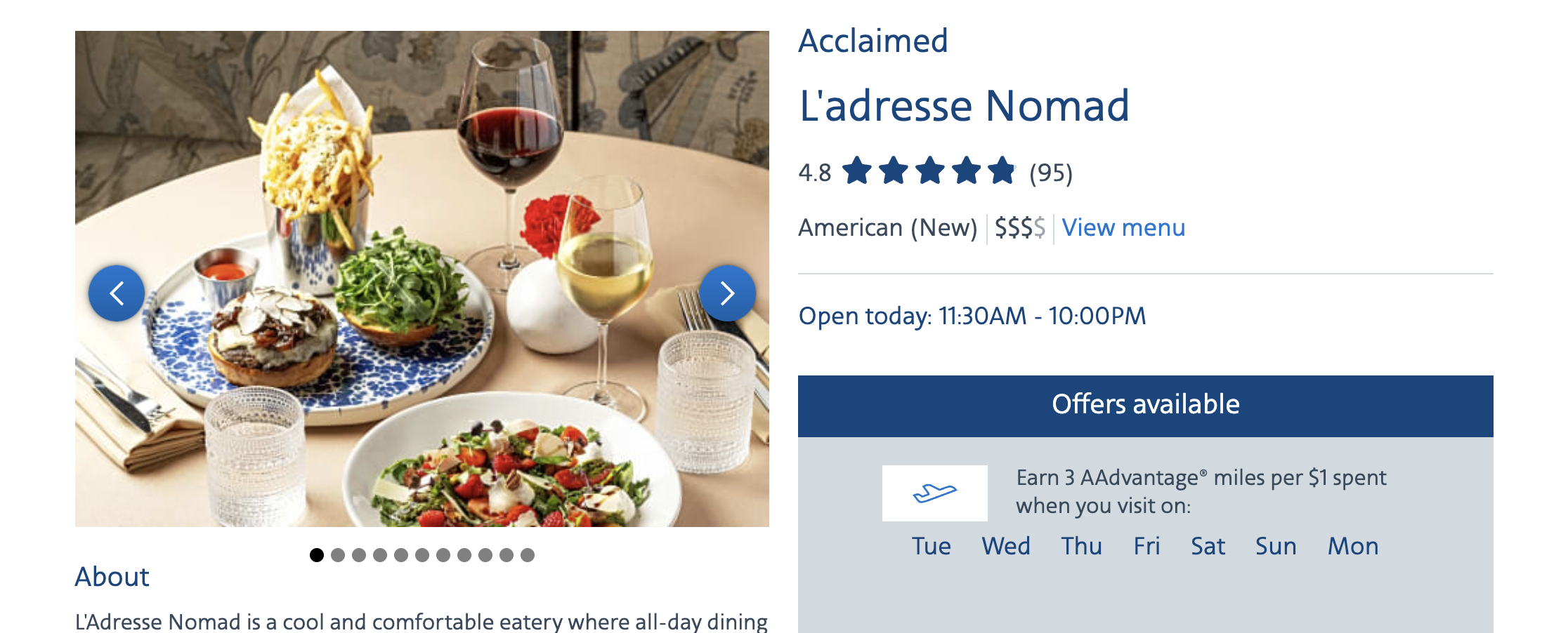 AA dining restaurant page