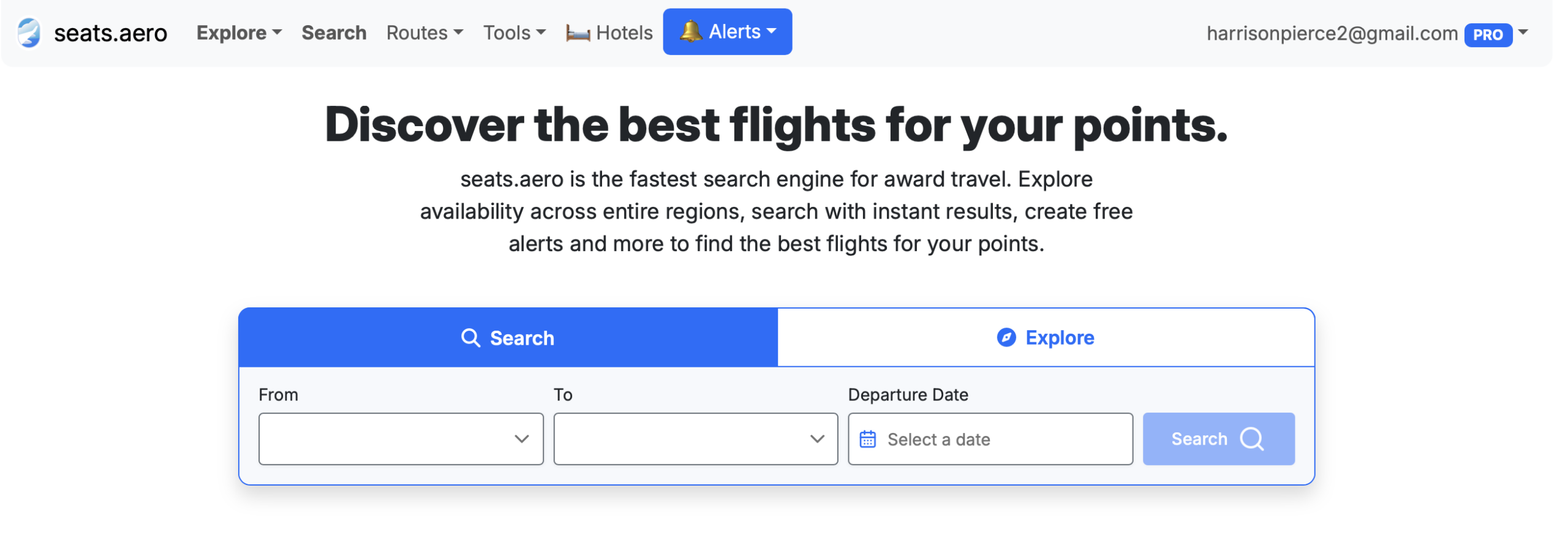 Screenshot of Seats.aero homepage