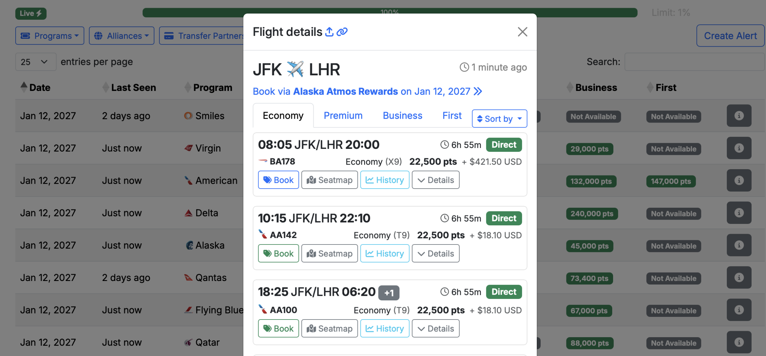 Screenshot of Seats.aero