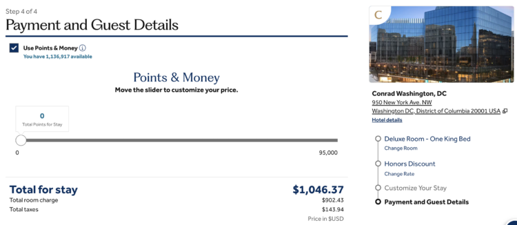Screenshot showing Conrad Washington D.C., bookable for $1,046 or 95,000 for one night.