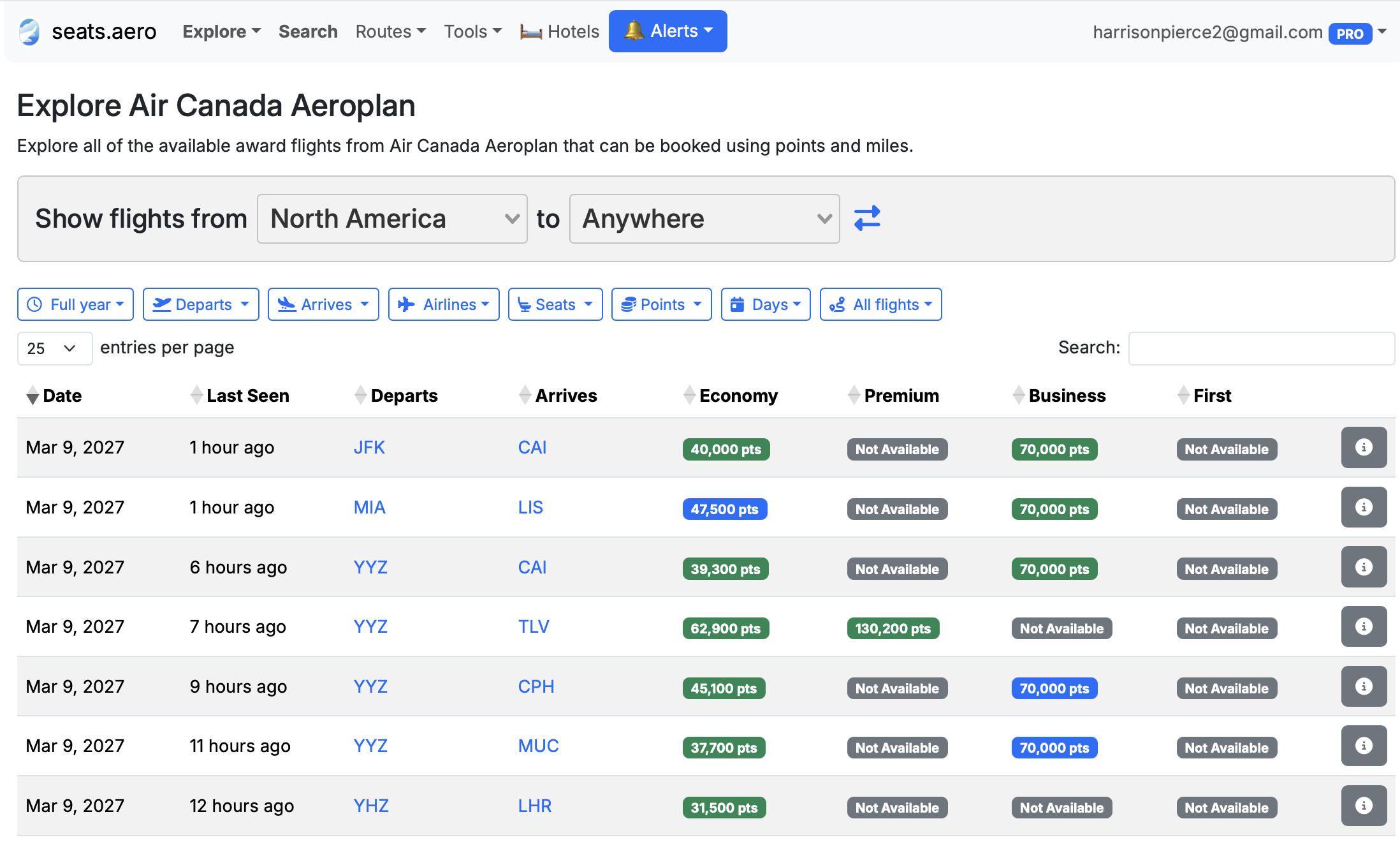 Screenshot of Seats.aero