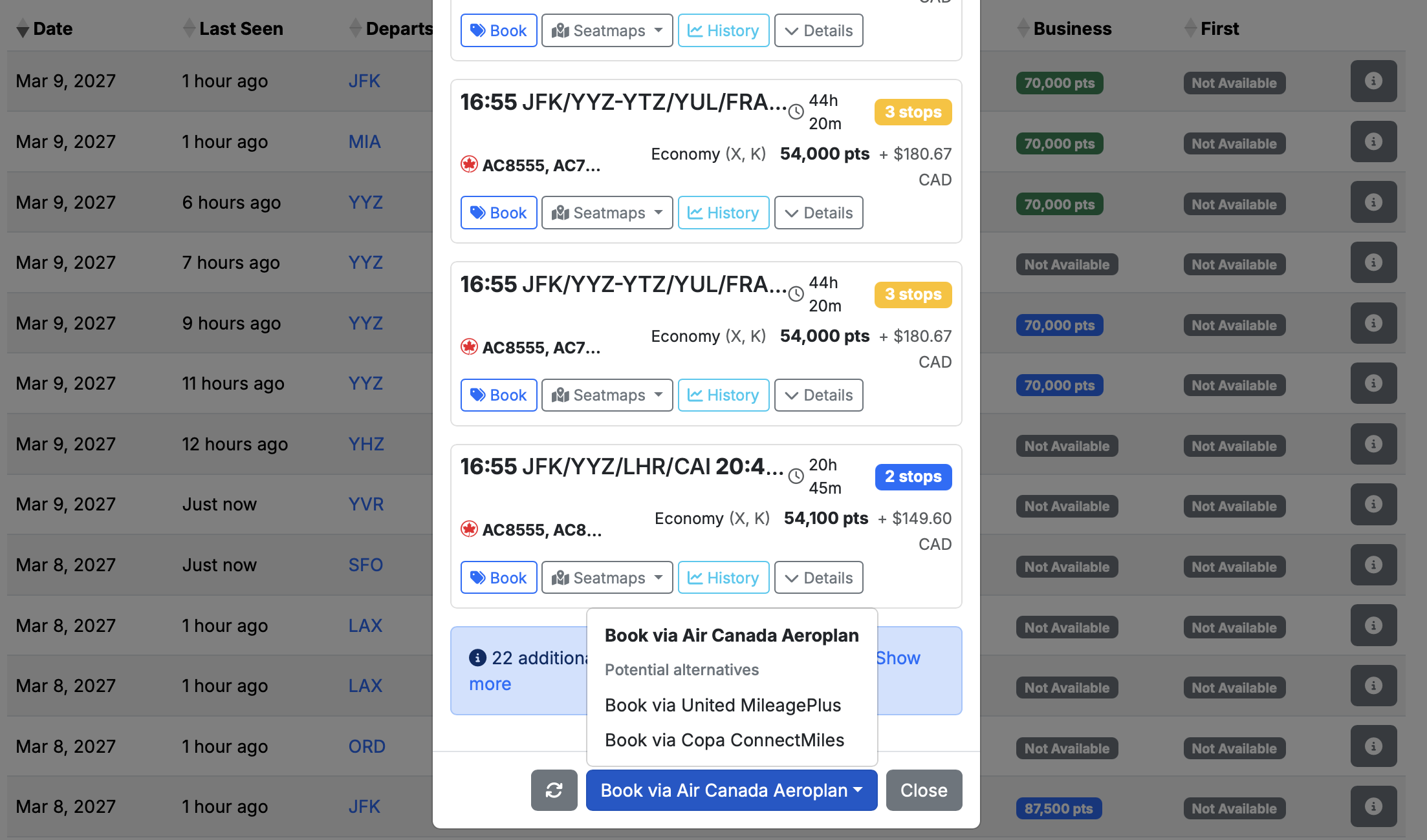 Screenshot of Seats.aero