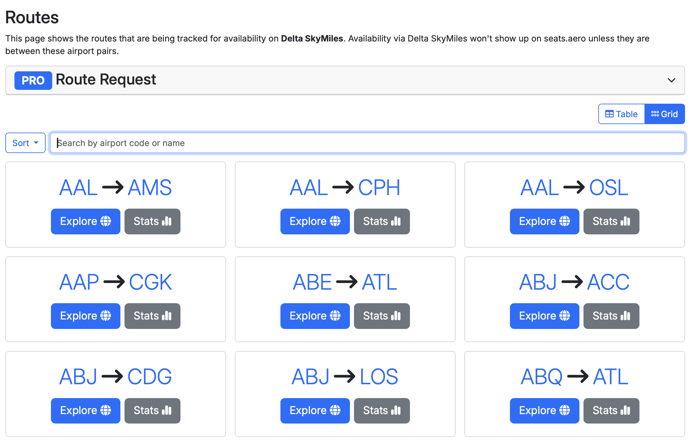 Screenshot of Seats.aero