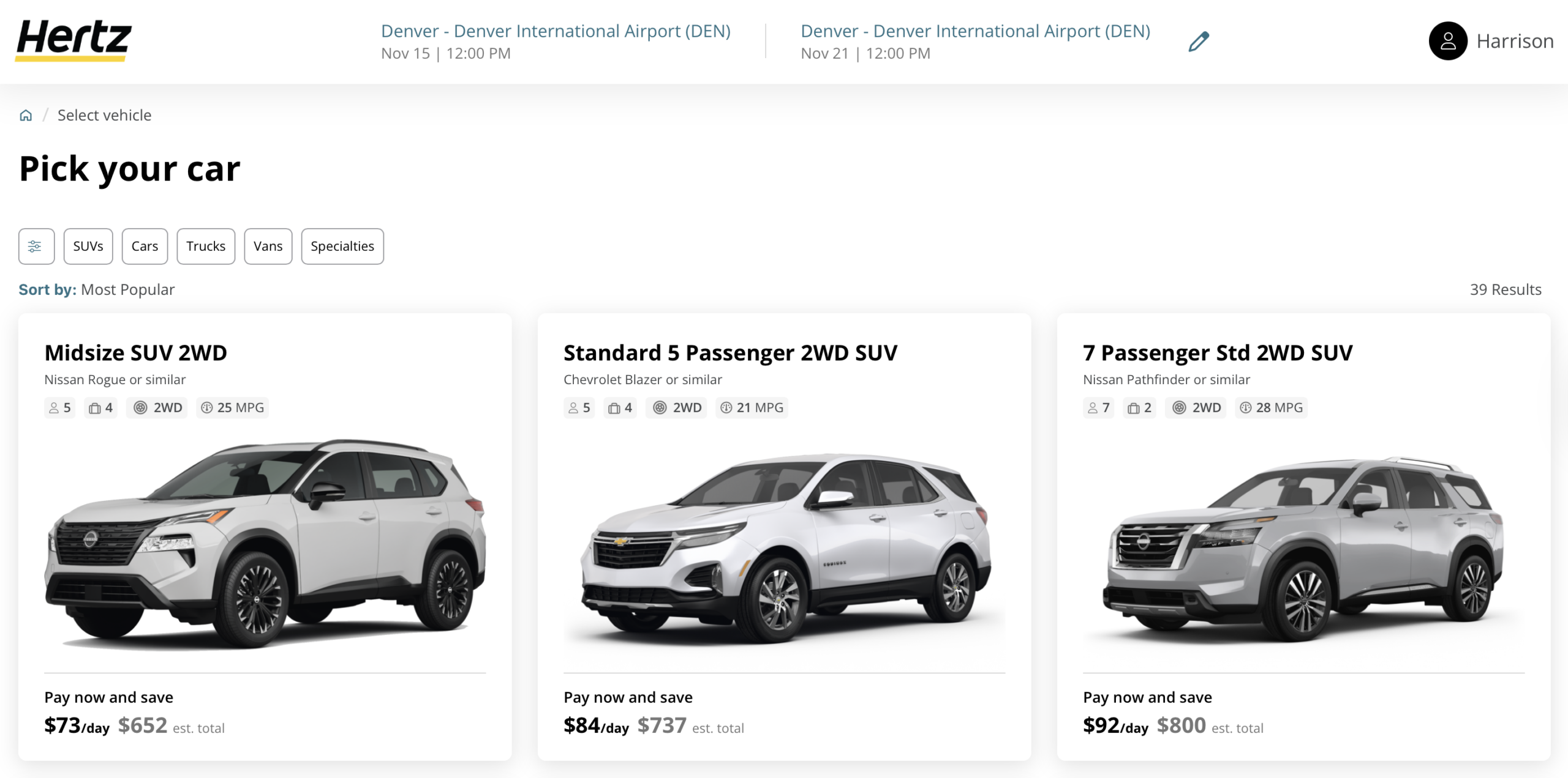Screenshot of Hertz booking page