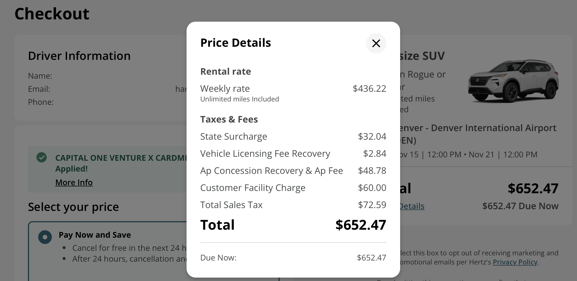 Screenshot of Hertz booking page