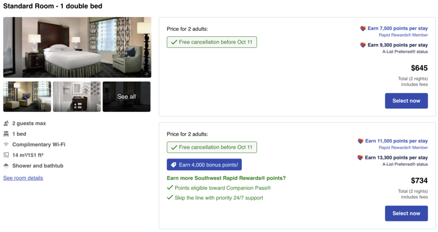 Southwest Hotels search results showing price and point earnings