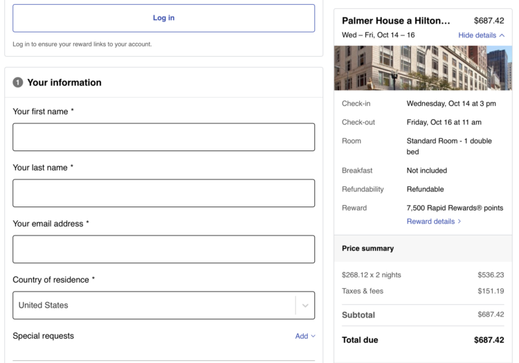 Southwest Hotels Palmer House hotel checkout page