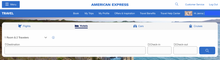 White background with blue and black text showing the American Express travel portal