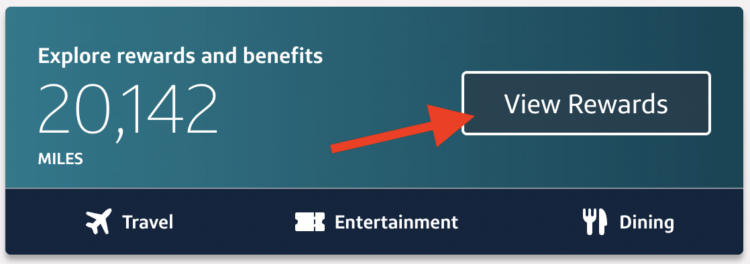 Capital One rewards with a 20,142 balance and a red arrow pointing to "view rewards"