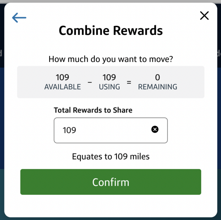 White background with black words showing the number of miles to combine, with a green confirm button