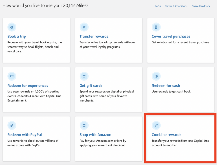 Capital One rewards screenshot with a red box around "move rewards"