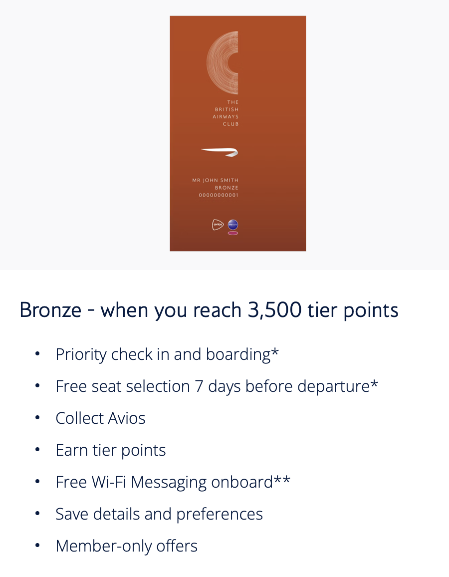 British Airways Bronze status and the list of included perks and benefits. 