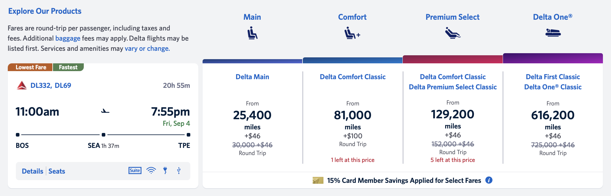 Screenshot of Delta award sale results with cardholder discount