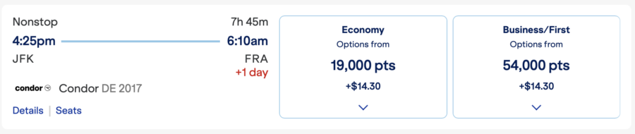 JetBlue award pricing example from New York to Frankfurt on Condor