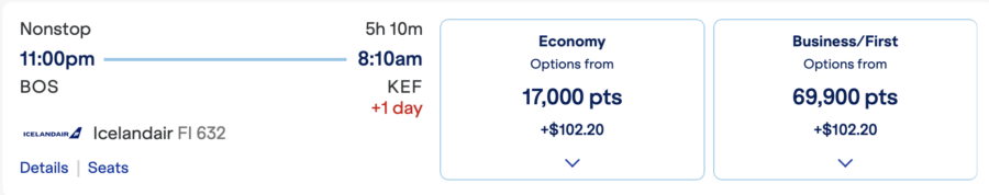 JetBlue award pricing example from Boston to Iceland on Icelandair