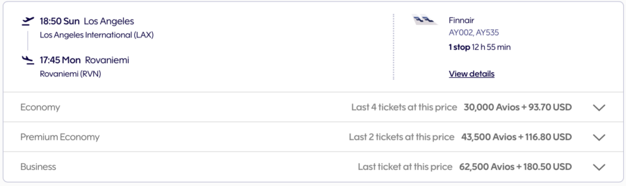 Finnair award pricing example from Los Angeles to Rovaniemi