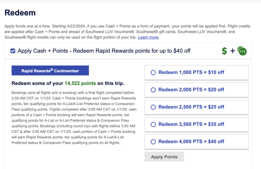 Southwest Cash+Points.