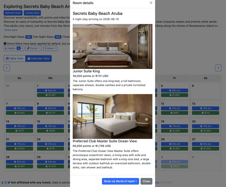 Screenshot of Rooms.aero World of Hyatt room options in Aruba