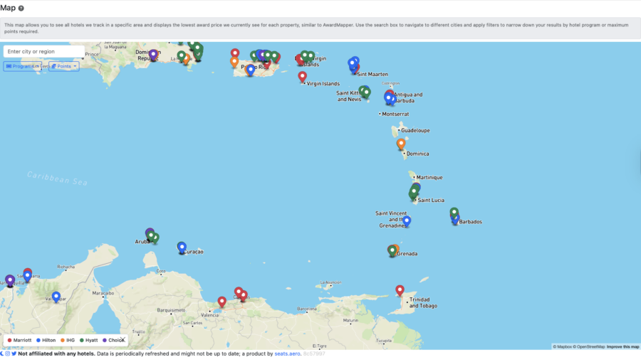 Rooms.aero map over the Caribbean