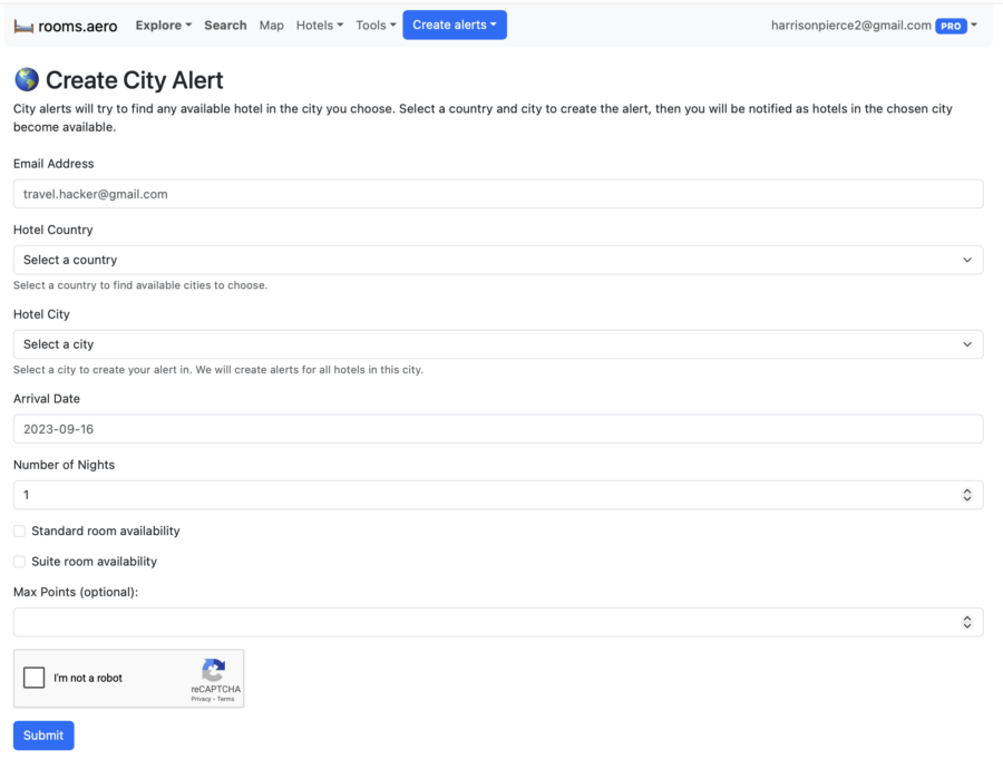 Rooms.aero create a city alert