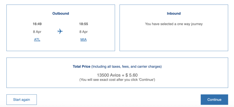 Search results for a British Airways award redemption