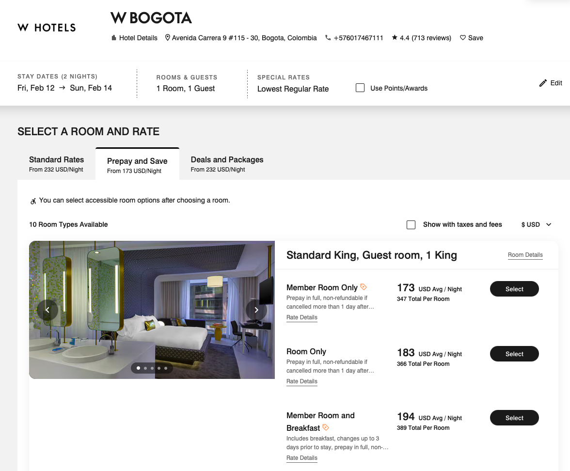 W Hotel Bogota rates