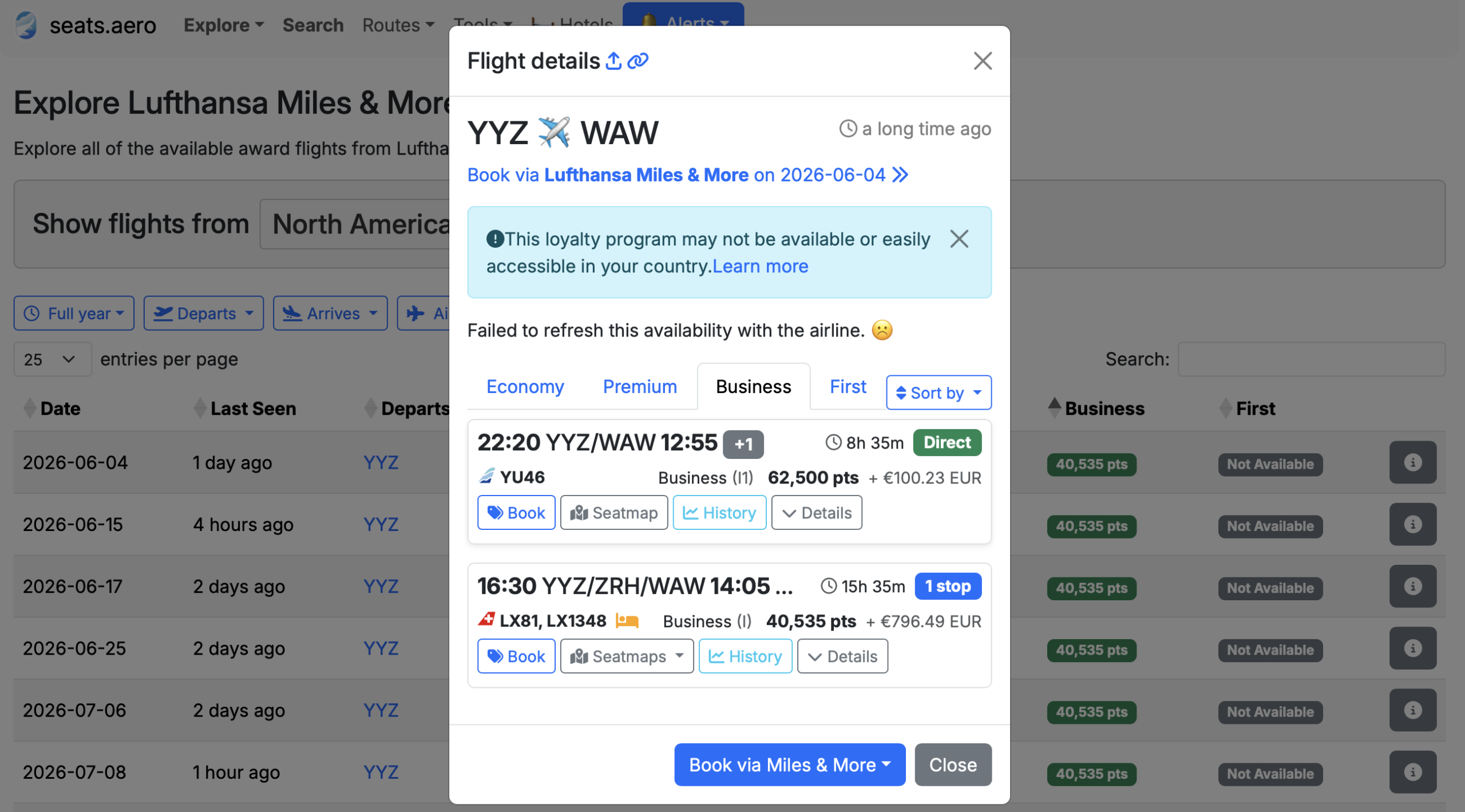 Seats.aero results for YYZ to WAW via Miles & More